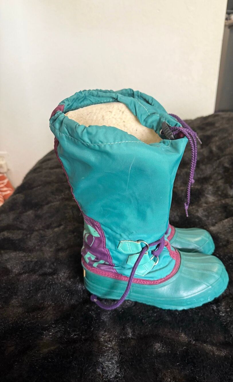 Vtg SOREL Winter Snow Rubber Boots 6 Removable Felted Liner Green